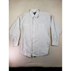 William Bay Shirt Mens Large L Ivory Striped Rodeo Pearl Snap Cotton Long Sleeve